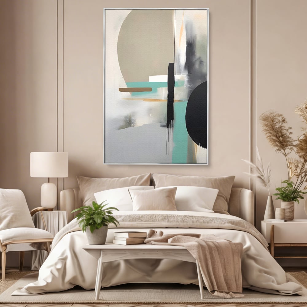 Tablou canvas cu tablou canvas cu forme abstracte, in rama de aluminiu argintiu, pe perete intr-un dormitor